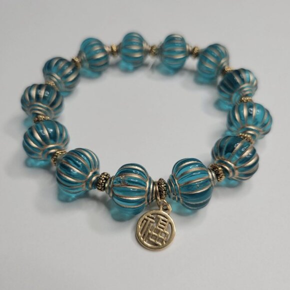 NWT Chinese Lantern Good Luck Fortune Charm Bracelet Green Blue Gold Stretch - Picture 2 of 6